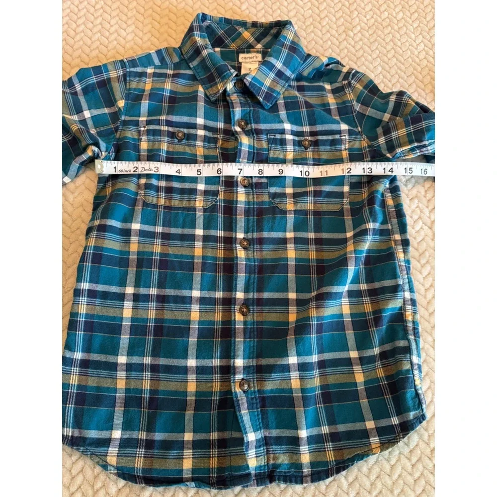 Carters Boys Teal Blue Yellow Plaid Flannel Button Down Shirt Size 7 3J248910